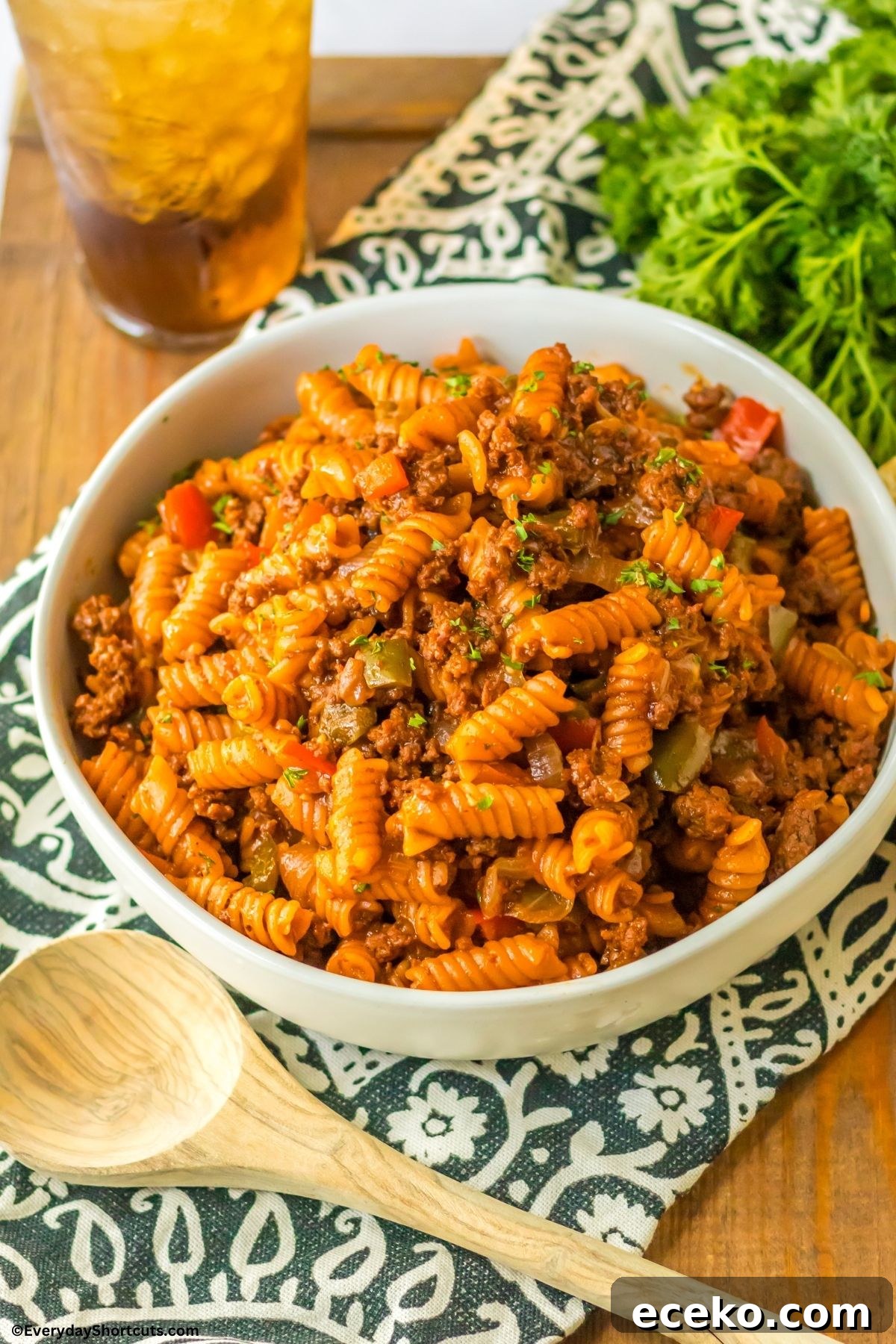 pasta with sloppy joe in a bowl