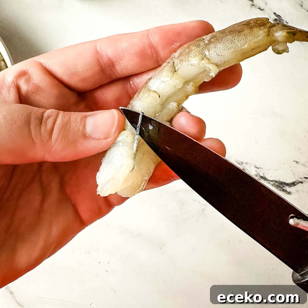 deveining shrimp with a black paring knife.