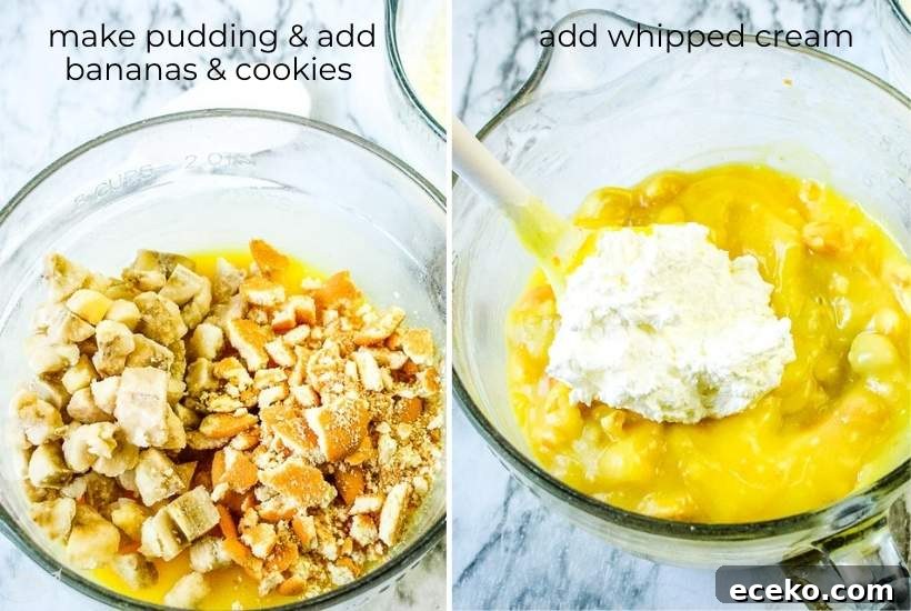 pudding and cookies being mixed together and whipped cream being added in a glass bowl