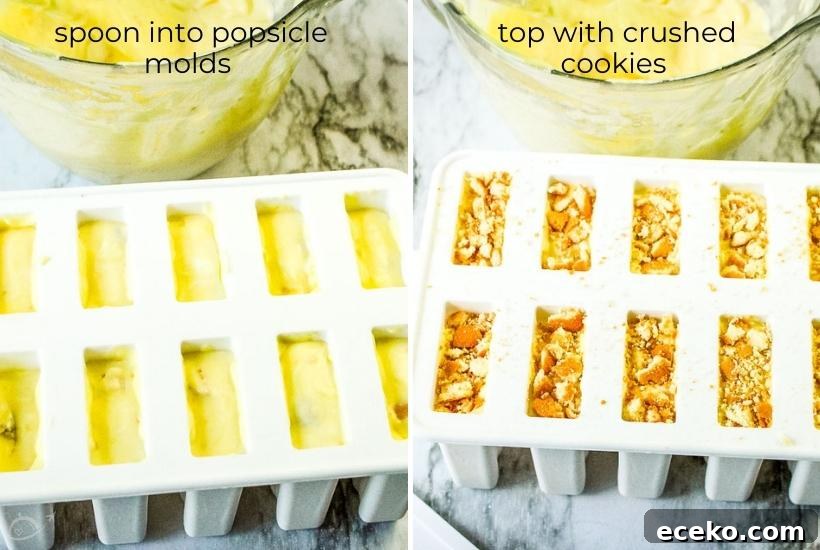 two image collage of pudding being placed in popsicle molds topped with cookies
