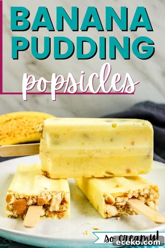 three banana pudding pops stacked on a white plate with text overlay