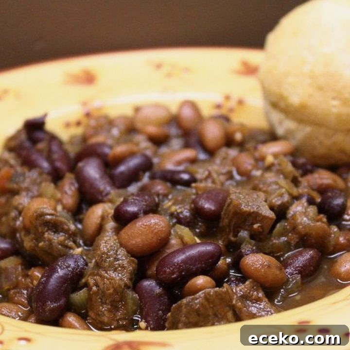 Kidney beans, pinto beans, and diced beef in a broth, all in a yellow soup bowl with red flowers. There is a biscuit on the rim of the bowl.