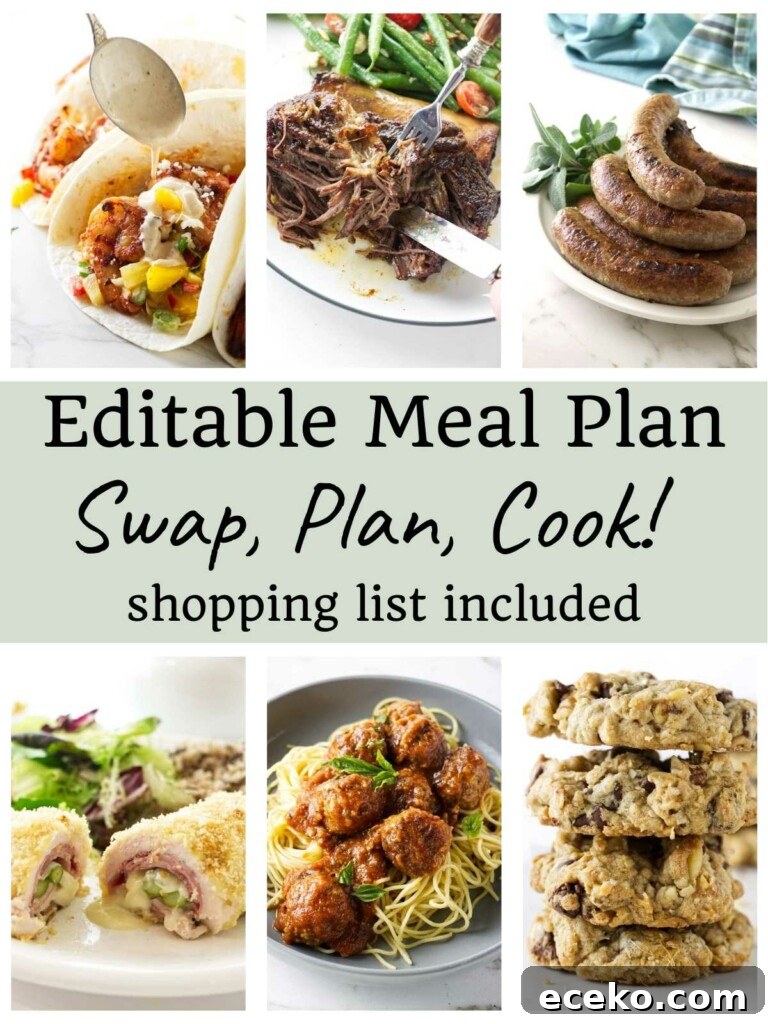 Collage of diverse dishes and text promoting an editable meal plan.