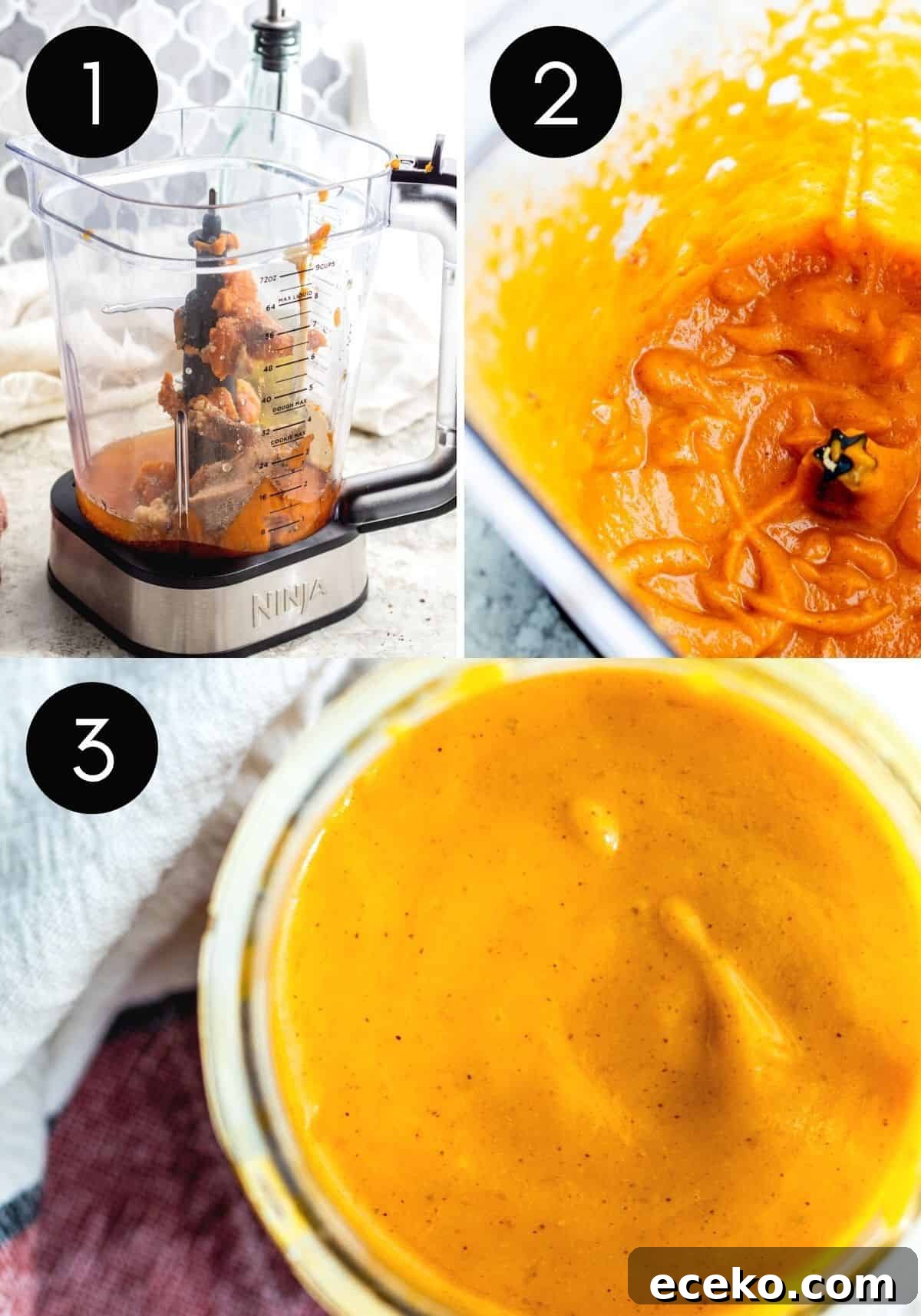Prep image showing how to make pumpkin dressing with black numbers.
