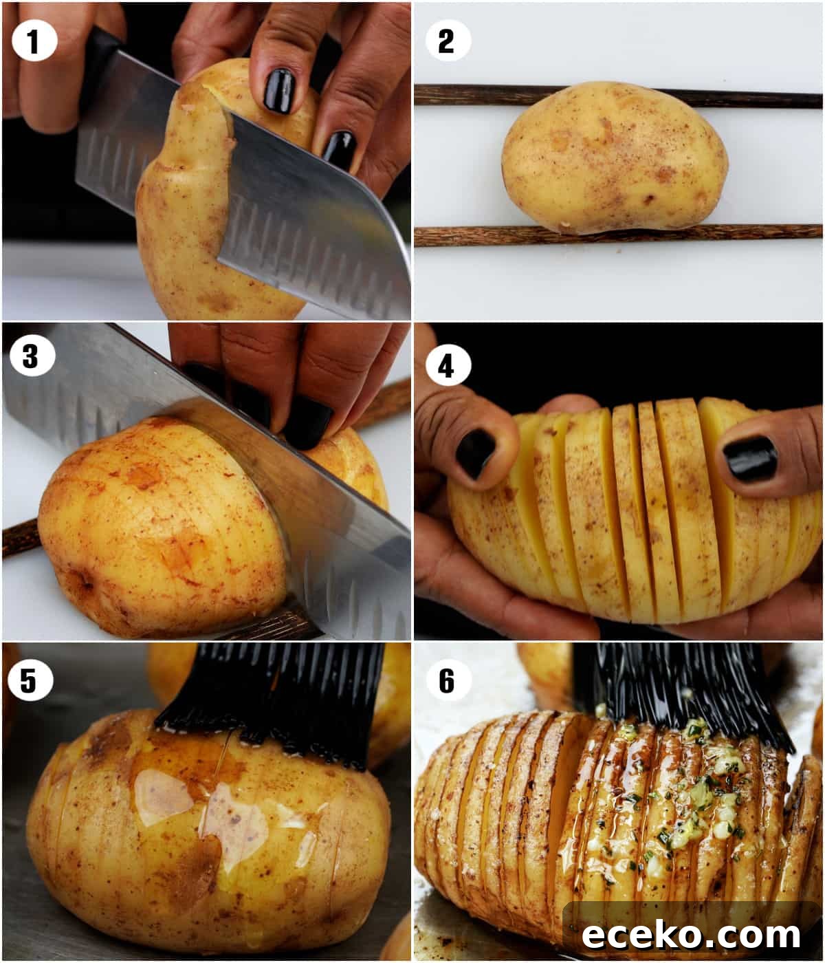 Step by step recipes to slice hasselback potatoes.