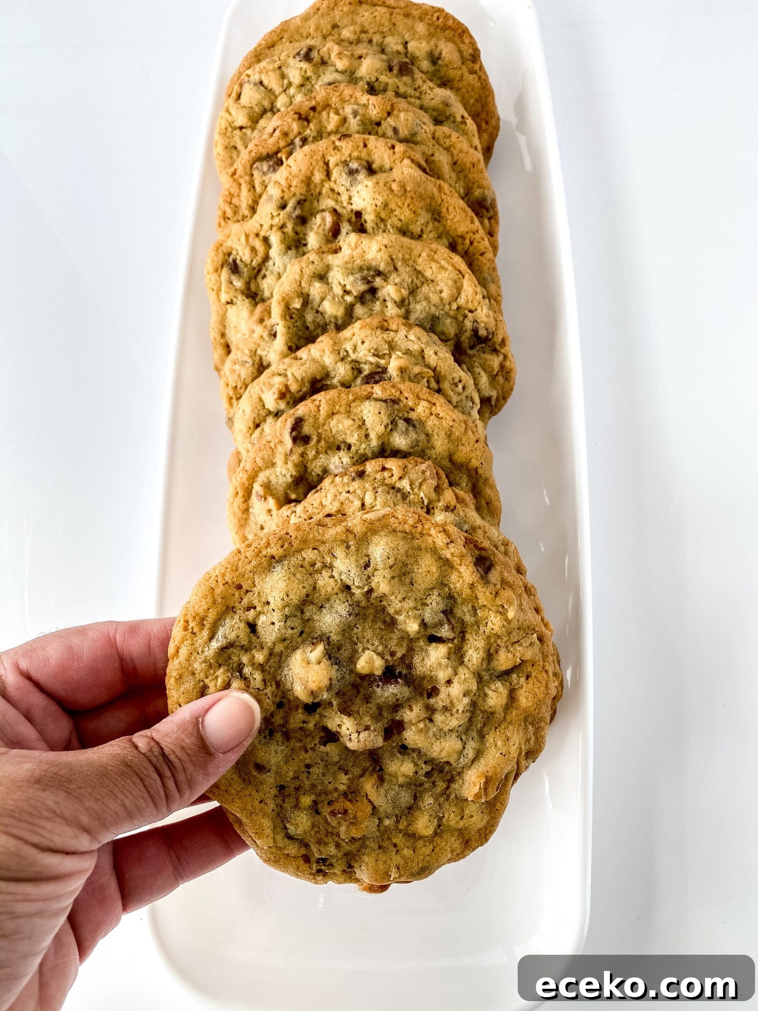 Stacked chocolate chips on a white plate.