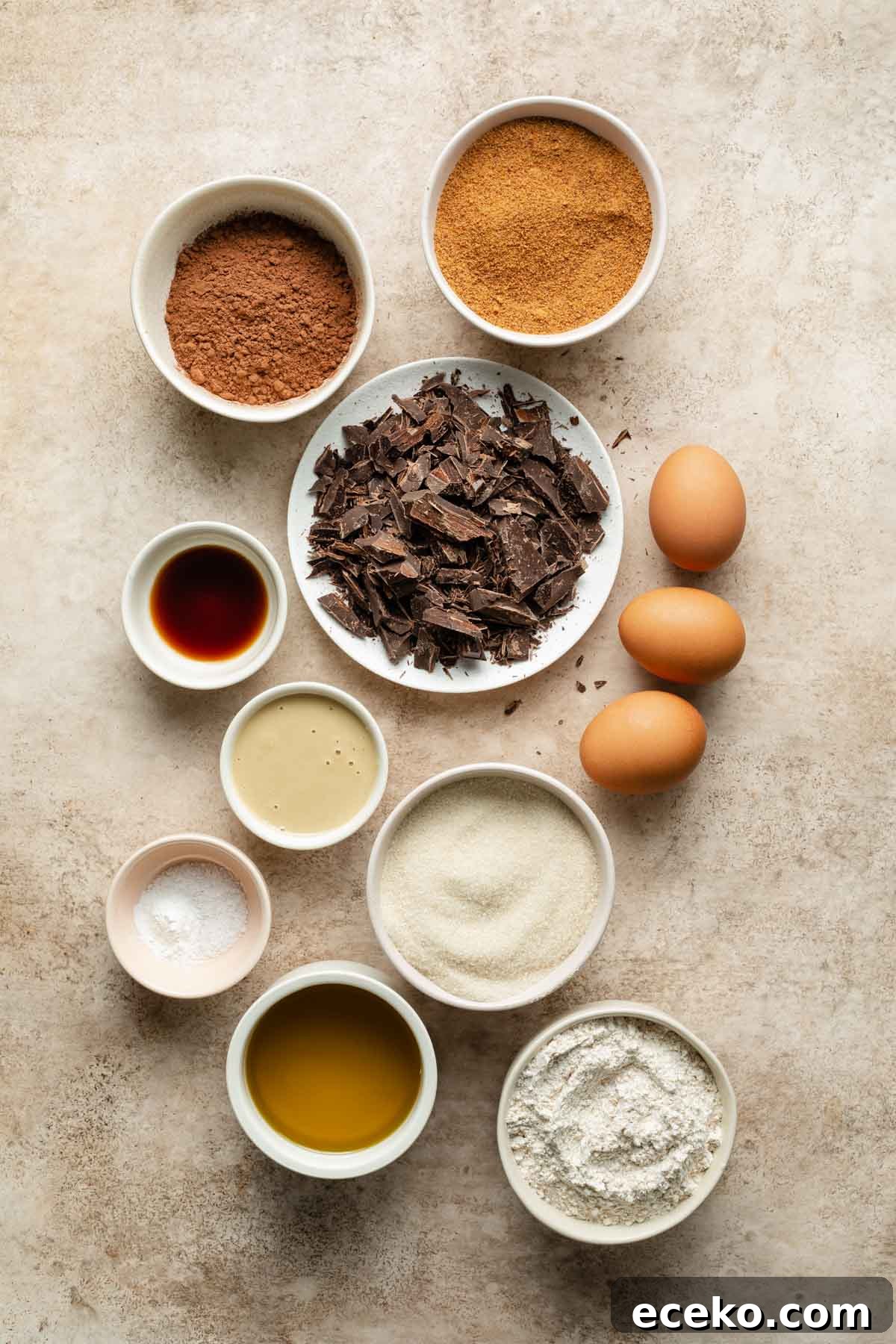 Ingredients to make tahini brownies arranged individually.