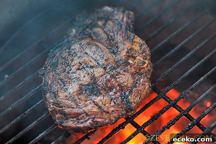 rib-eye steak grilling on Big Green Egg