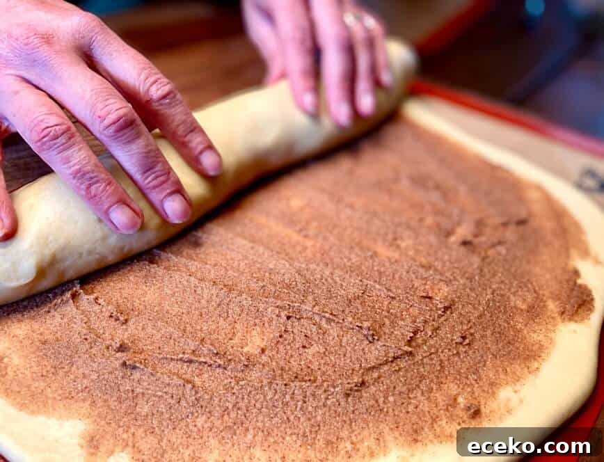 Rolling up the filled dough into a log shape.