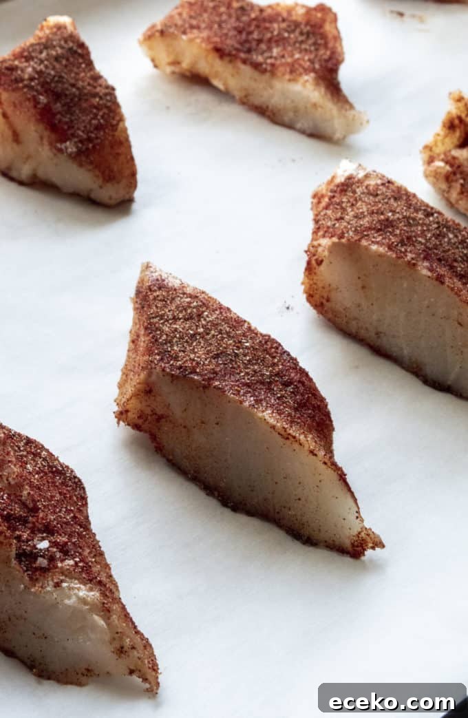 cut pieces of cod for tacos