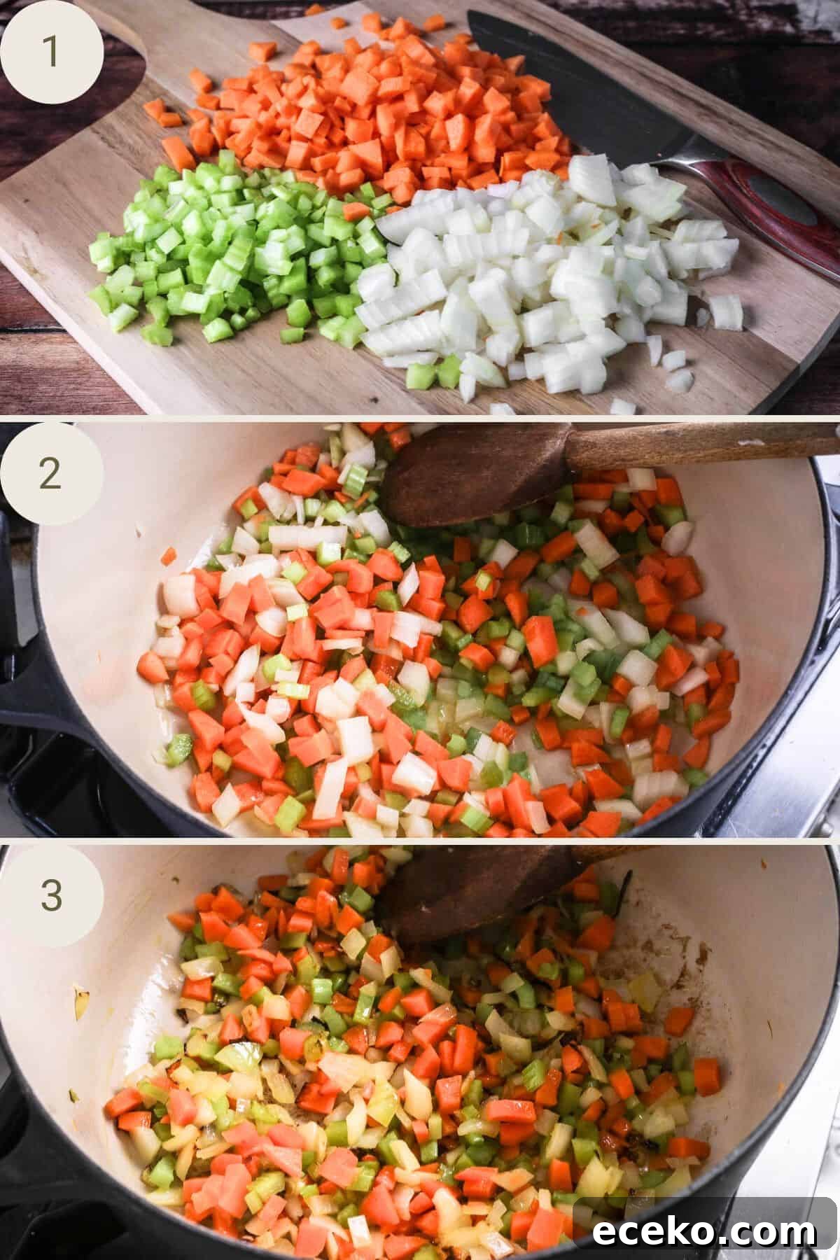 Gluten-Free Lasagna Recipe: Layered Comfort Without Wheat 5 Sofrito vegetables diced on a chopping board. Added to large saucepan. Cooked until transluscent.