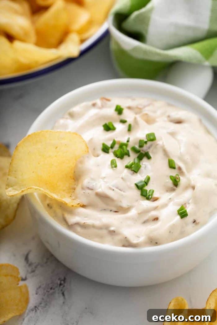 Creamy Homemade French Onion Dip Recipe for Parties 2 Potato chip in a bowl of french onion dip