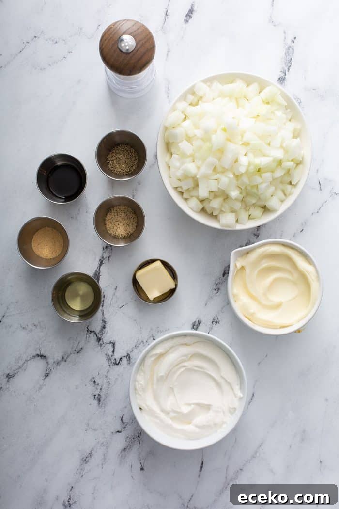 Creamy Homemade French Onion Dip Recipe for Parties 4 Ingredients for french onion dip arranged on a countertop