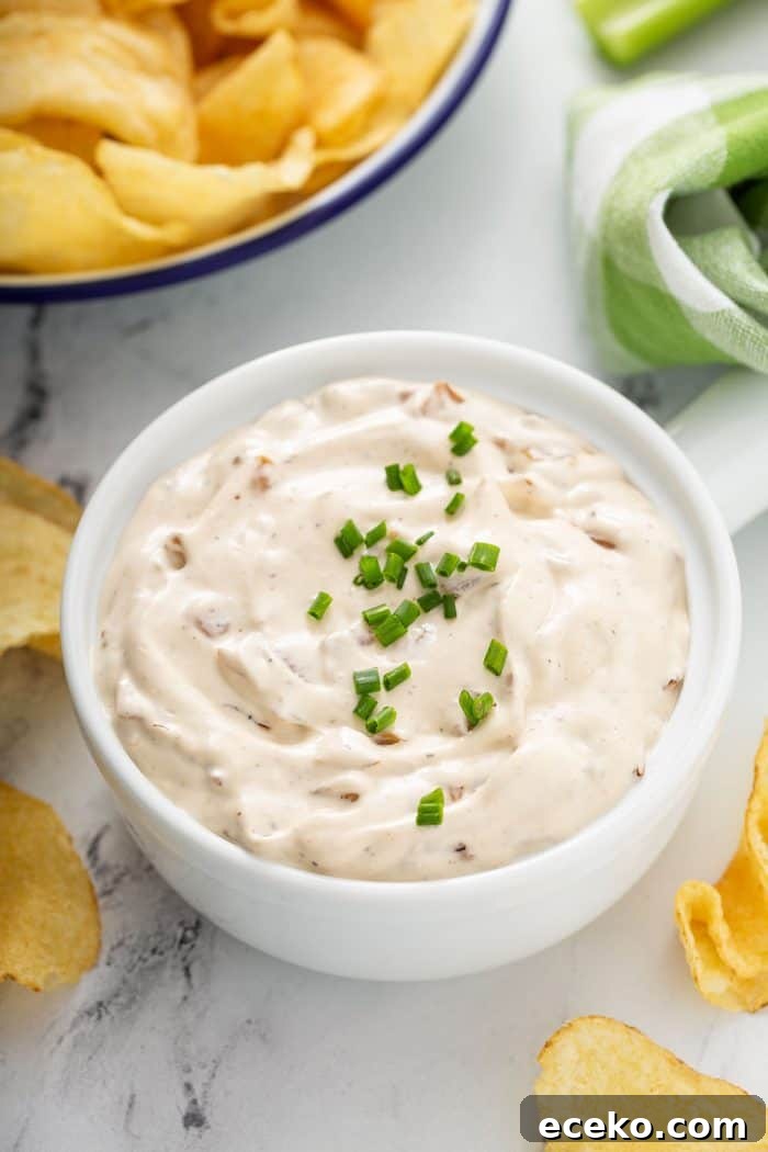 Creamy Homemade French Onion Dip Recipe for Parties 8 French onion dip in a white bowl on a counter with potato chips