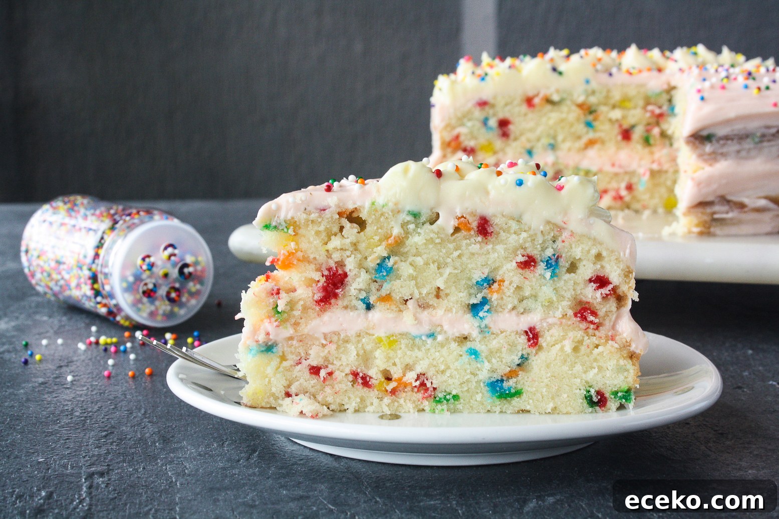 Funfetti Layer Cake with Cream Cheese Frosting Recipe 10 Buttery layer cake with sprinkles and pink frosting!