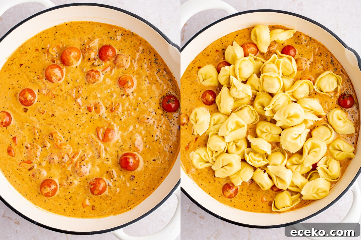 Creamy Chicken Tortellini Recipe with Garlic Parmesan Sauce 4 Cooking the sauce in the skillet before and after adding the tortellini.