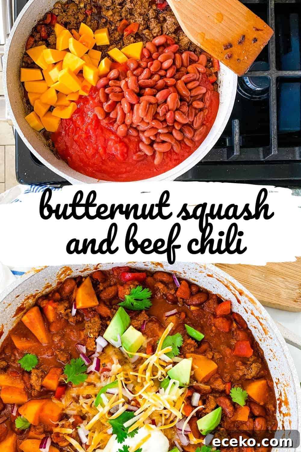 pot of healthy chili with beef and butternut squash recipe