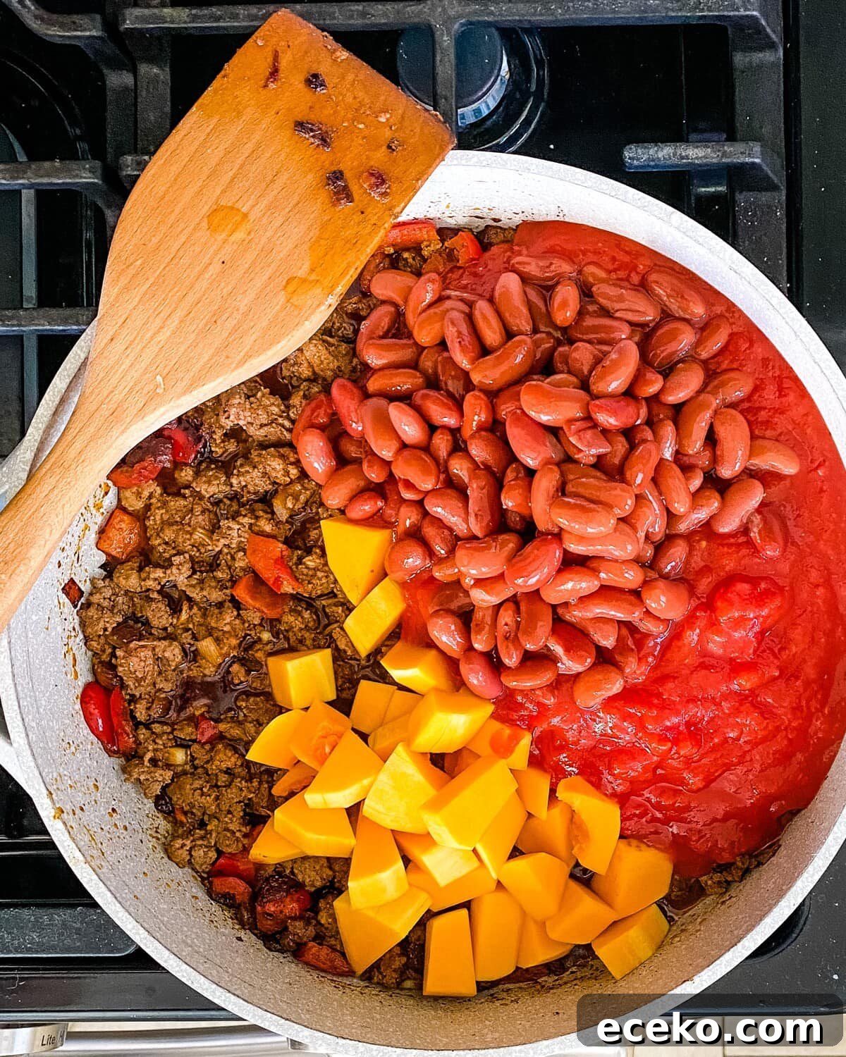 Beans, canned tomatoes and butternut squash added to the pot.