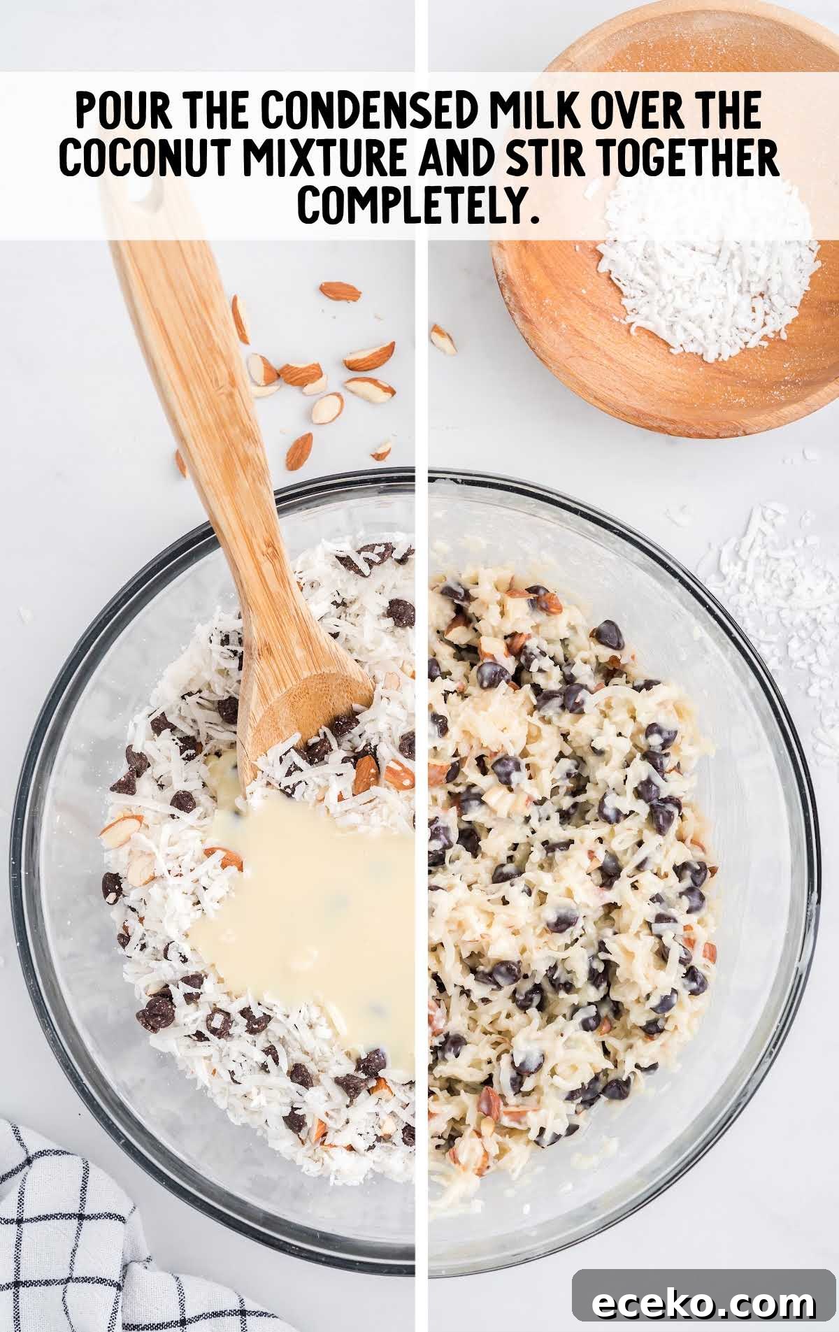 condensed milk poured on top of the coconut mixture in a bowl