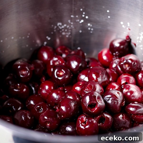 A pan of pitted sweet cherries.