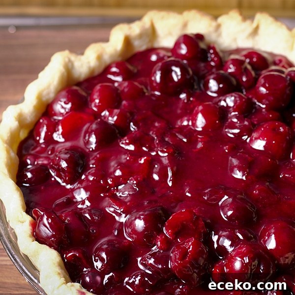 Adding the cherry filling to the crust to make Cherry Crumb Pie.