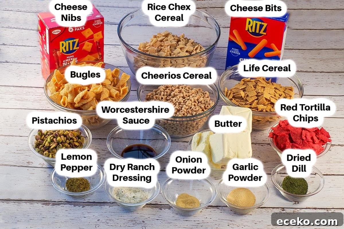 Ingredients in Savory Christmas Snack Mix in glass bowls, labelled (pretzels missing)
