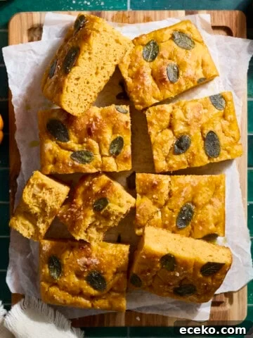 An overhead view of sliced Sourdough Discard Pumpkin Focaccia.