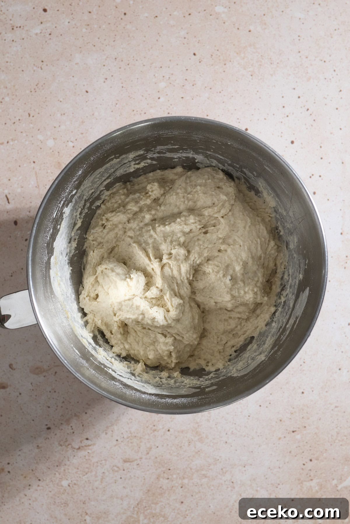 Shaggy dough in the bowl of the stand mixer.