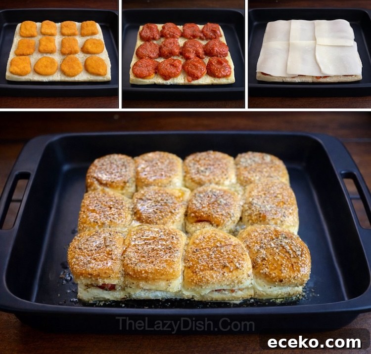 Crispy Chicken Nugget Sliders with Tangy Slaw 2 Step by step instructions on how to make yummy baked chicken sliders with frozen chicken nuggets, pasta sauce, and cheese.