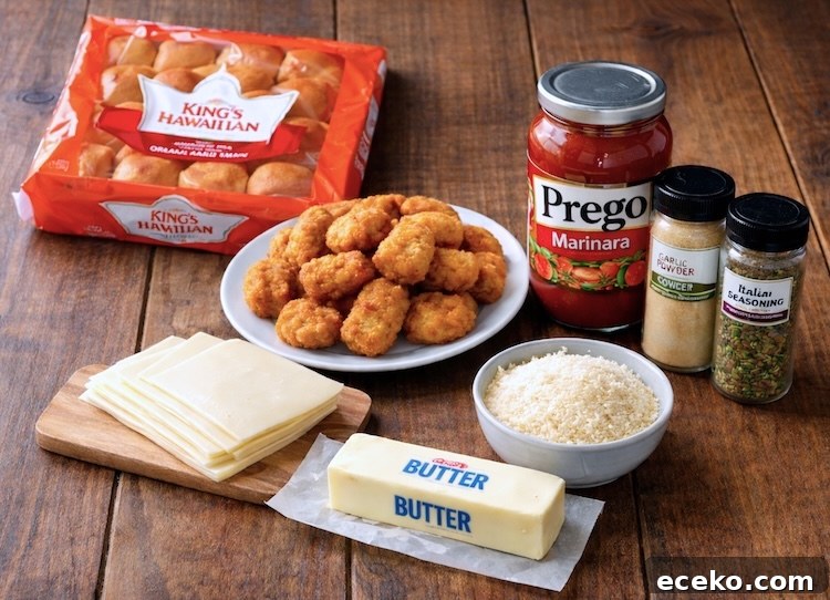 Crispy Chicken Nugget Sliders with Tangy Slaw 3 List of simple ingredients needed to make chicken sliders with frozen chicken nuggets and sweet Kings Hawaiian rolls.