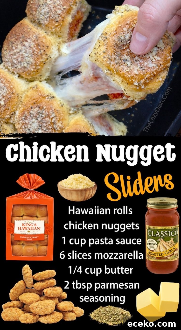 Crispy Chicken Nugget Sliders with Tangy Slaw 8 How to make baked chicken nugget mini sandwiches with Hawaiian rolls, frozen chicken, sauce, cheese, and butter. A quick, easy, and budget friendly meal for a family with picky kids. They are wonderful served as a hot lunch, fast weeknight dinner, or even after school snack for hungry teenagers.