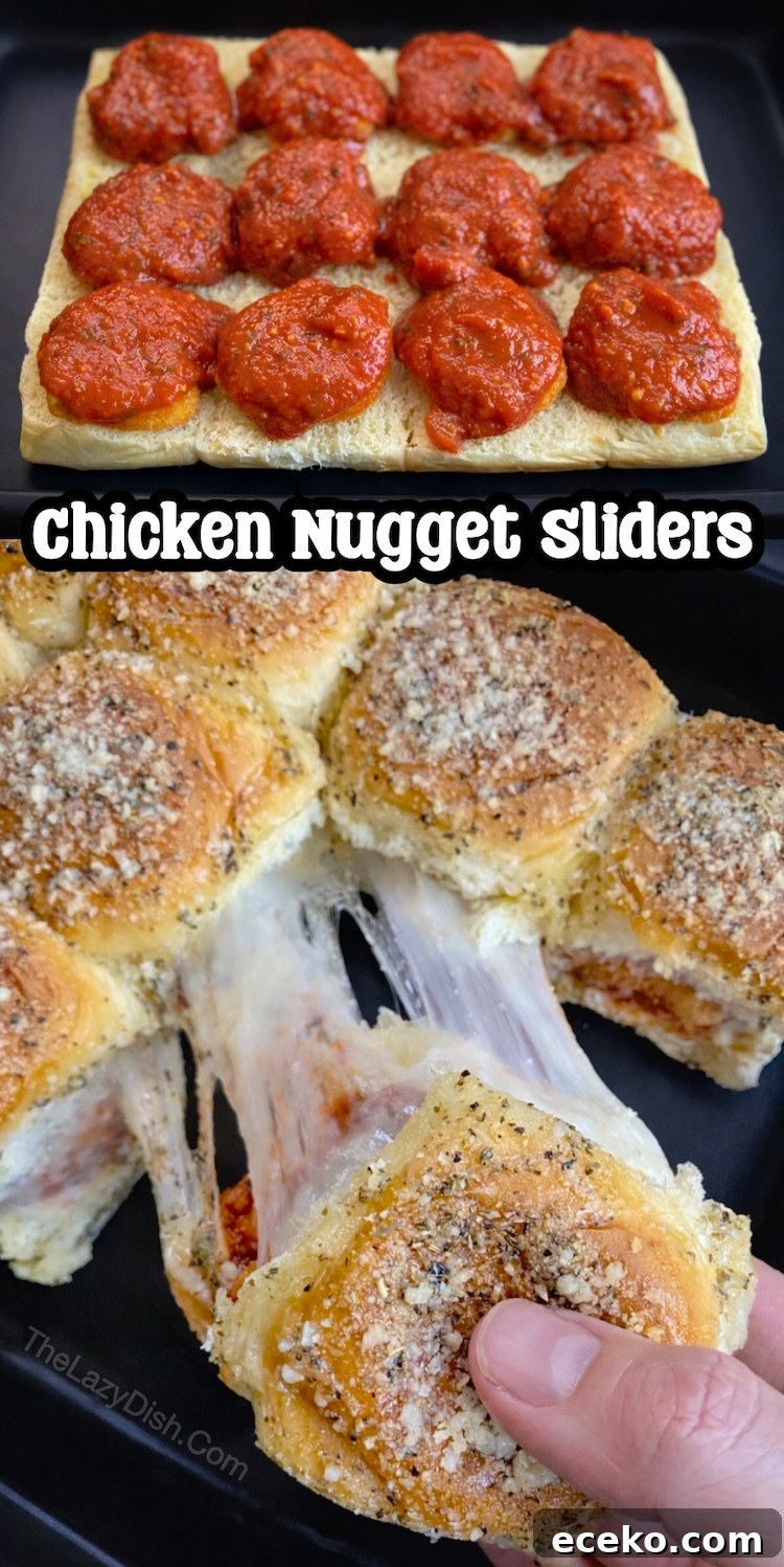 Crispy Chicken Nugget Sliders with Tangy Slaw 10 Buttery baked mini chicken sandwiches made with frozen chicken for a quick and easy dinner your picky kids will devour! Simply stuff Hawaiian rolls with chicken nuggets, marinara, and lots of mozzarella. Brush with seasoned butter and bake. This recipe makes 12 mini sandwiches that make for a yummy handheld dinner.