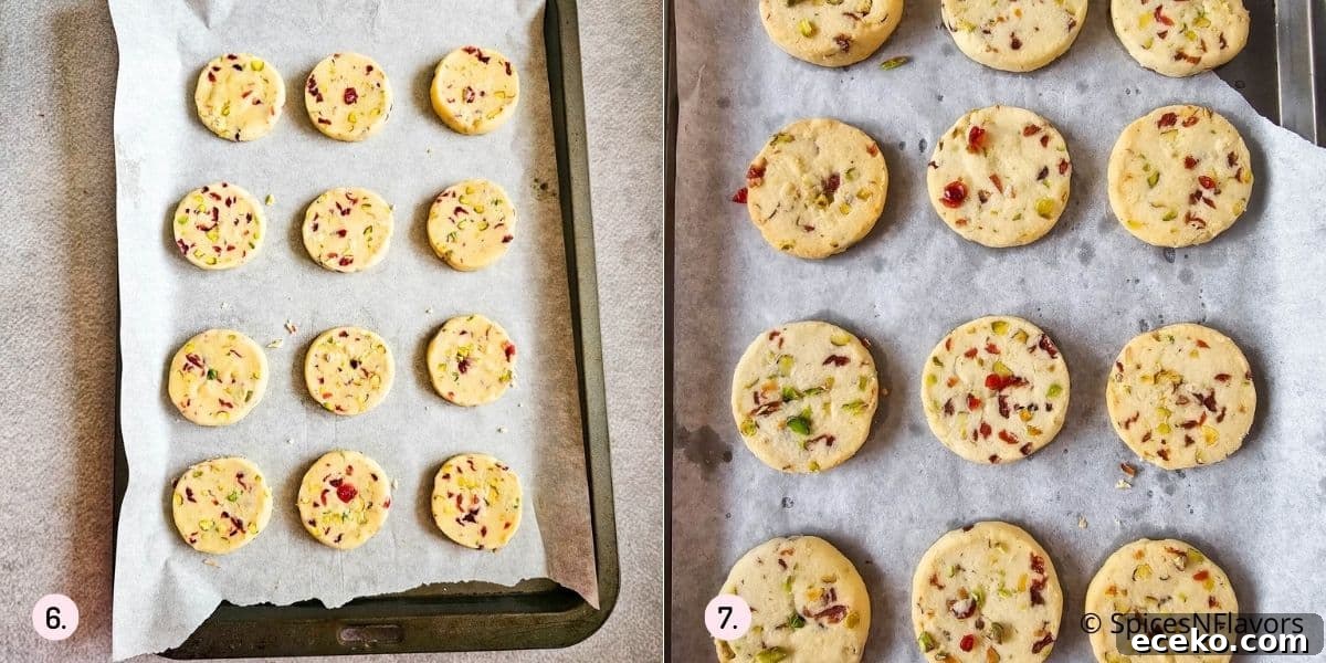 before baked and after baked images of cranberry pistachio shortbread cookies