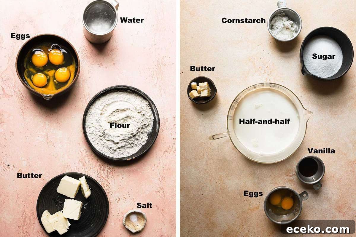 Ingredients to make choux pastry and pastry cream.
