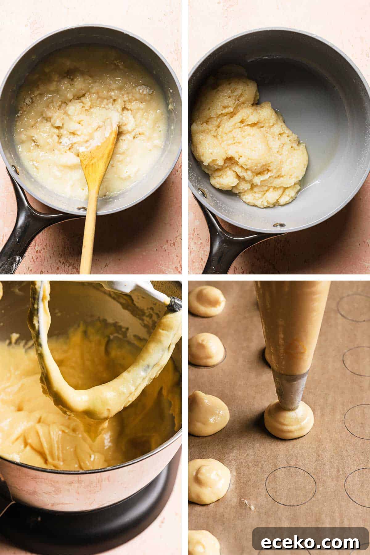 Step for how to make chou a la creme pastries. Making the dough, then piping over a baking sheet.