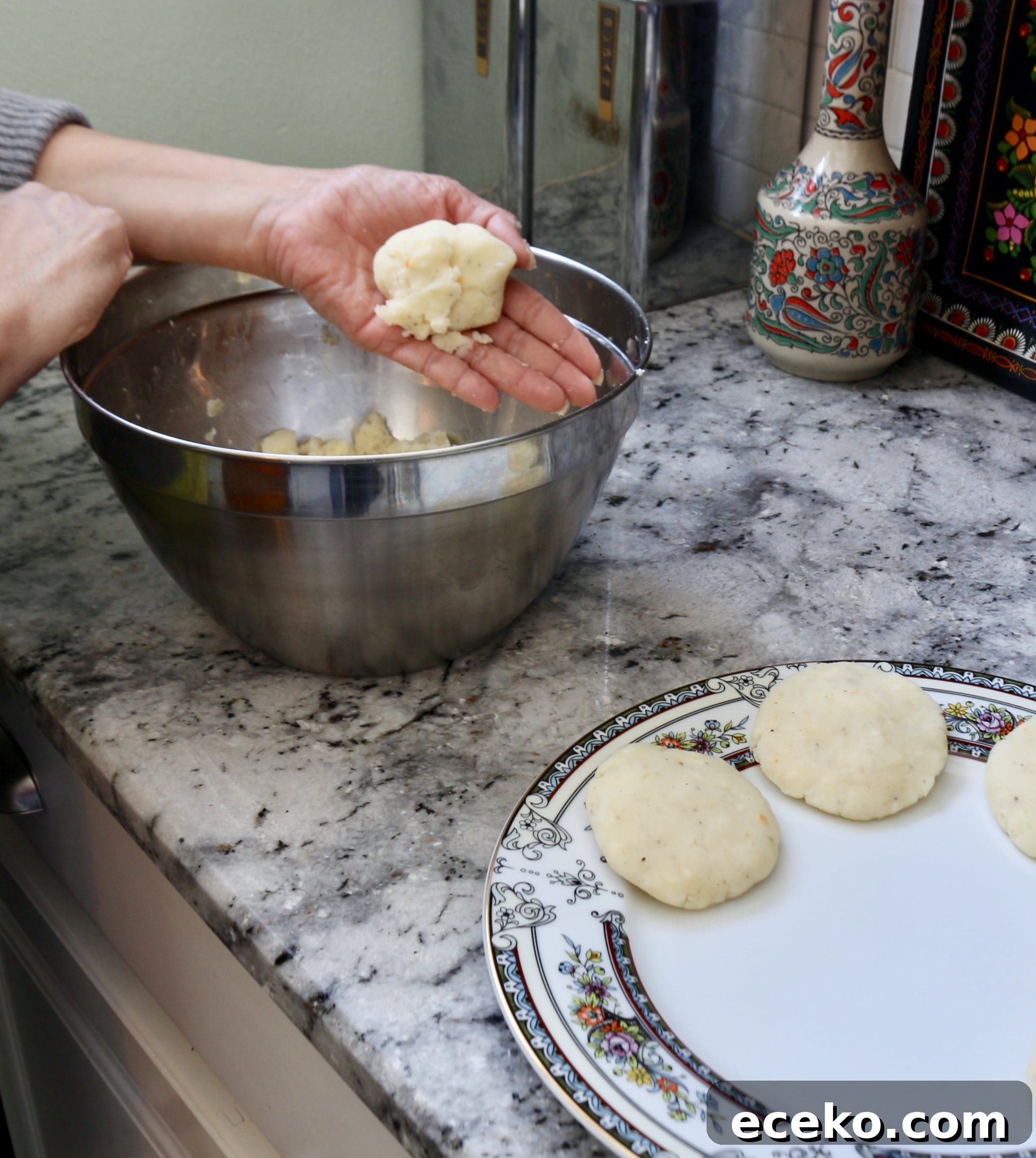 Rolling potatoes for potato patties with chile com queso #potatopatties