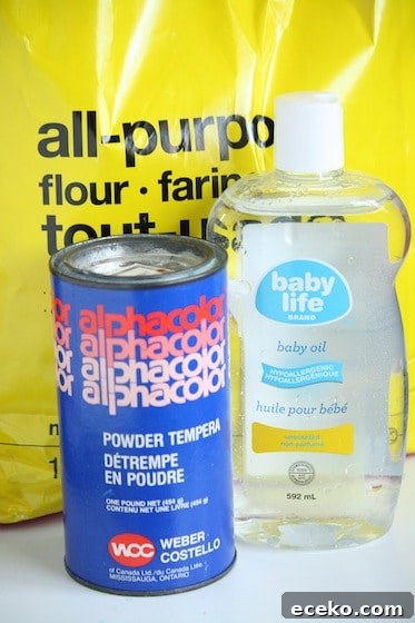 flour, baby oil and tempera paint powder