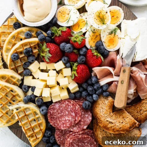 A platter with a variety of meats, cheeses, fruits and waffles.