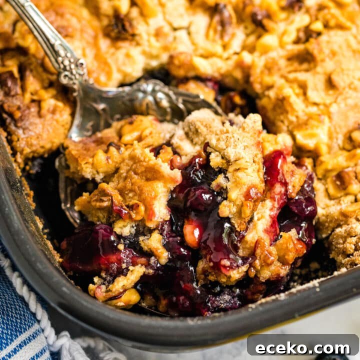 The corner of a pan of blueberry dump cake with a spoon in it revealing the berry mixture along with the crust.