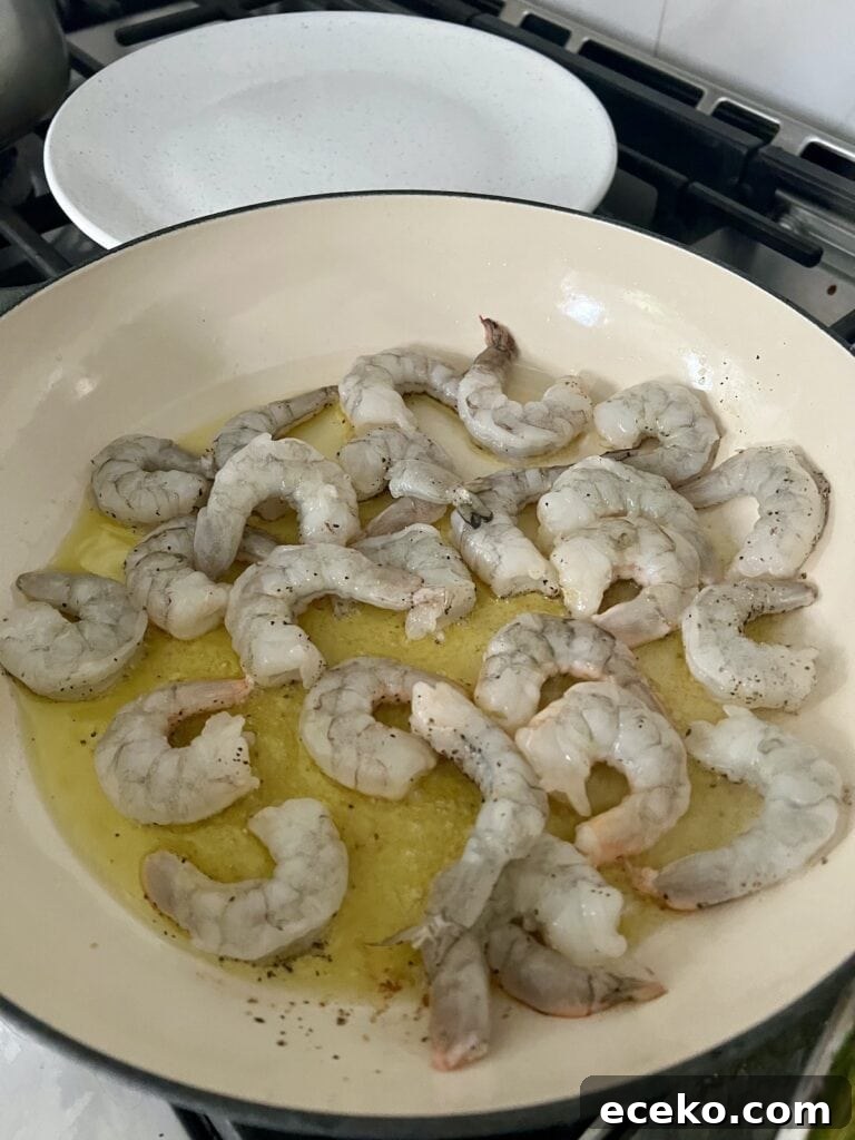 Spicy Shrimp Arrabbiata Pasta with Garlic Tomato Sauce 6 Searing shrimp on olive oil in pan.