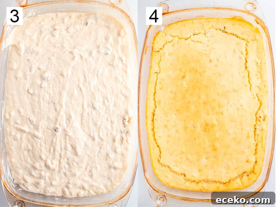 Spicy Vegan Jalapeño Cornbread Recipe 7 unbaked batter in a glass dish and a baked fluffy result