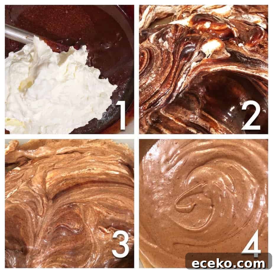 Authentic French Hot Chocolate Recipe — Rich, Velvety Cocoa 5 4 pics: fresh whipped cream and dark chocolate fudge are folded together in four pictures