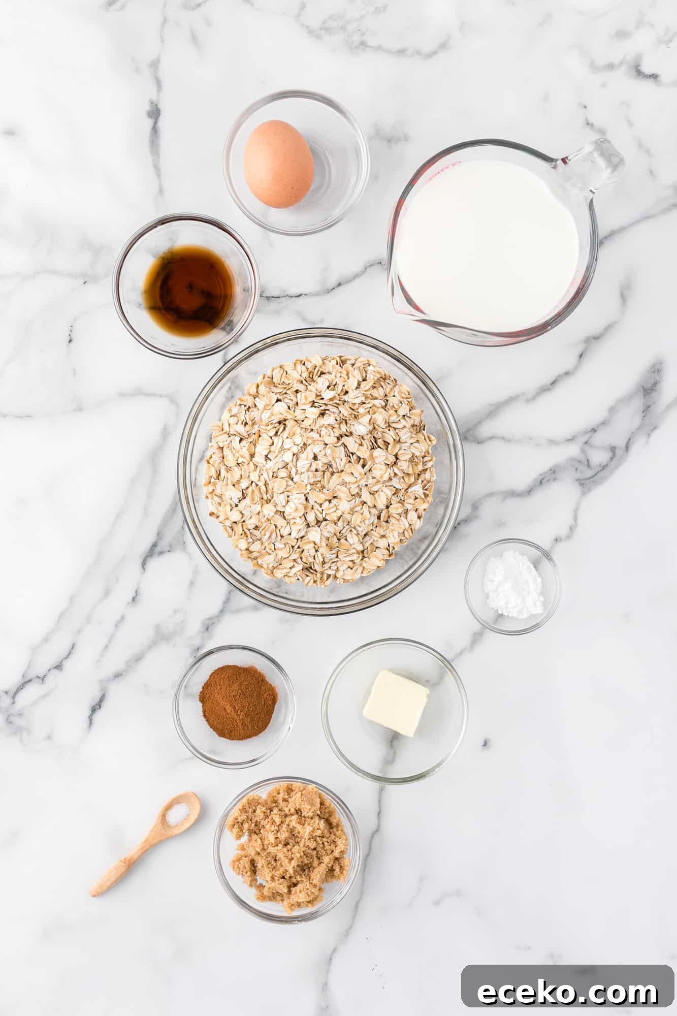 Baked Oatmeal Recipe with Flavor Ideas and Variations 4 Overhead view of ingredients needed for recipe.