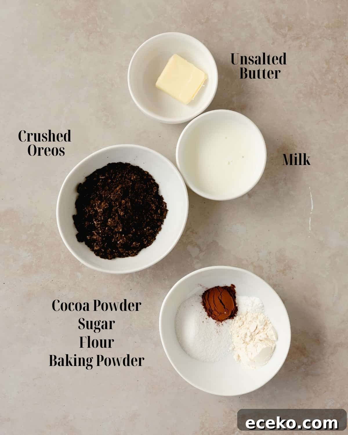 Gather crushed Oreo cookies, milk, butter, cocoa powder, sugar, flour and baking powder. 