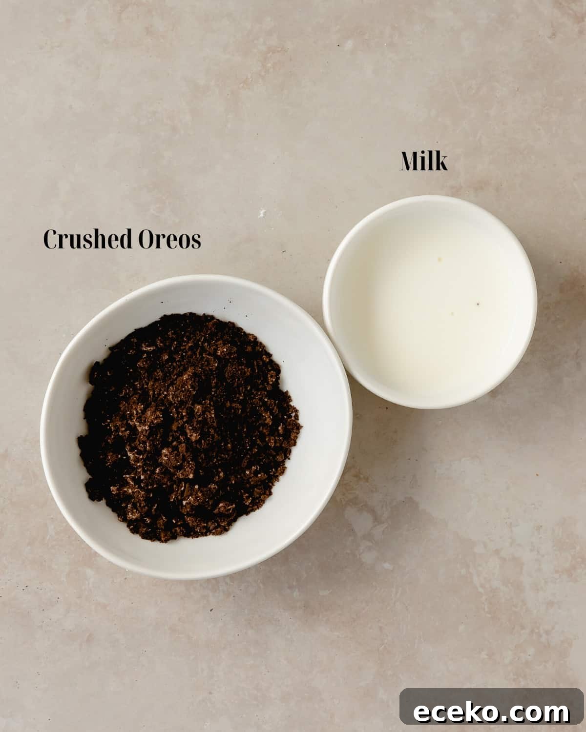 Gather crushed Oreo cookies and milk. 