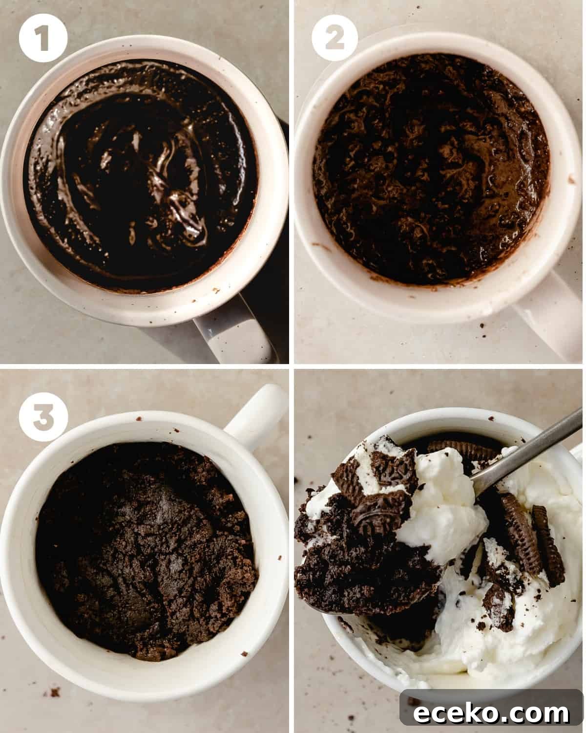 Step by step: melt butter, mix dry ingredients, add milk, microwave, and top.