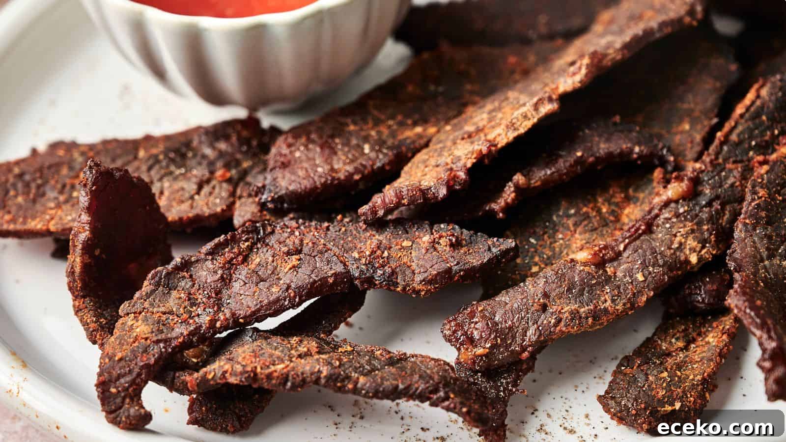 A plate of beef jerky slices next to a small bowl of dipping sauce.