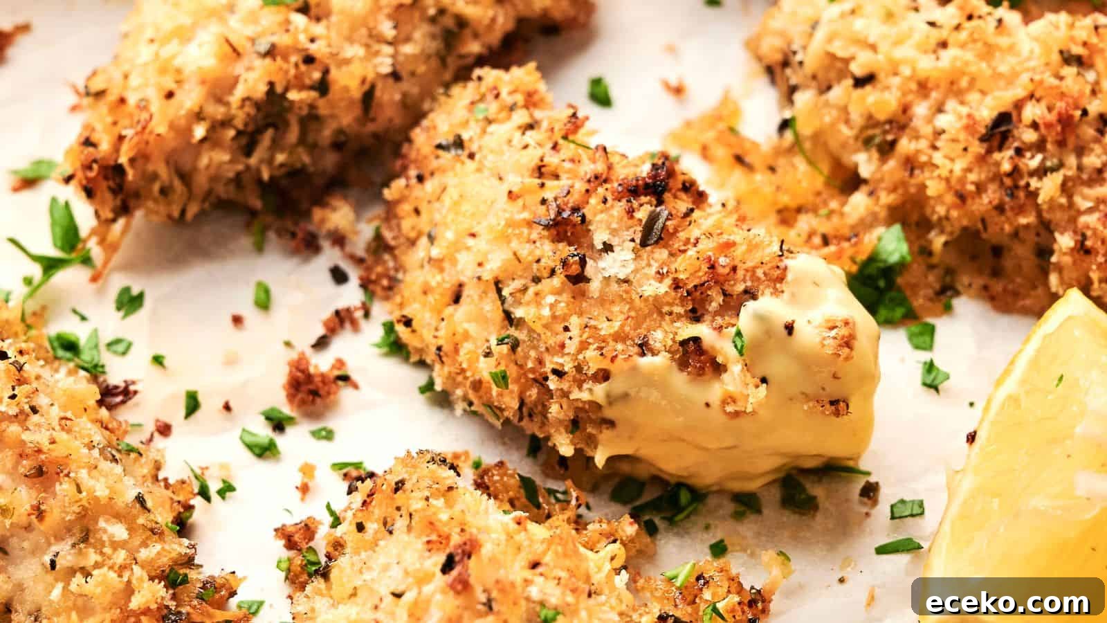 Close-up of crispy, Sheet Pan Parmesan Crusted Chicken pieces garnished with chopped herbs and served with a lemon wedge. The pieces are placed on a parchment-lined surface.