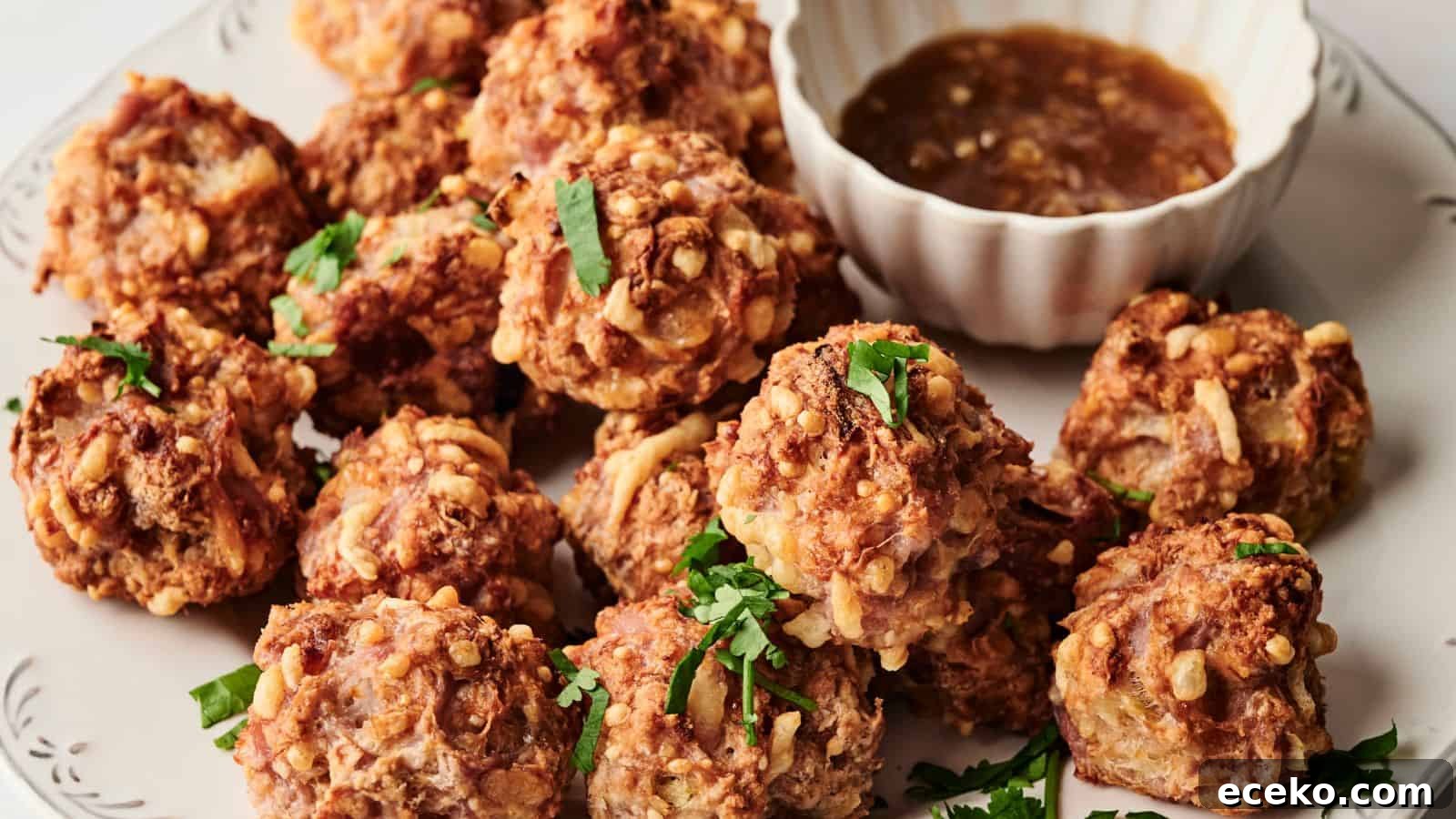 Plate of crispy fried dumplings with chopped herbs, served with a bowl of brown dipping sauce.