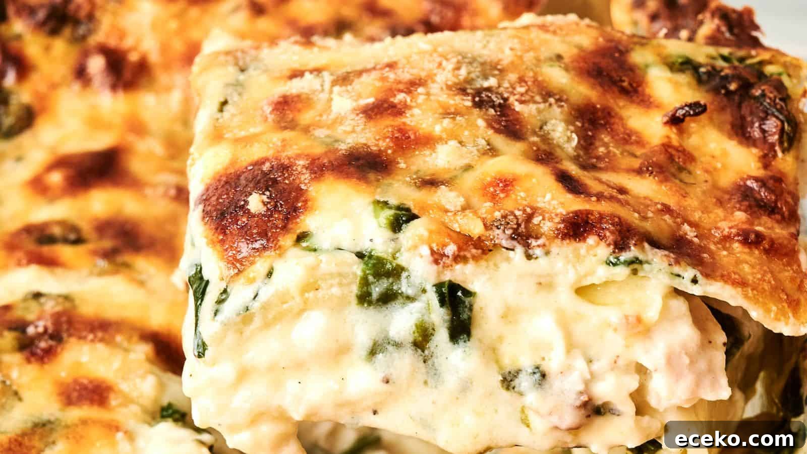 Close-up of a slice of creamy lasagna with browned cheese on top and visible layers of pasta, spinach, and sauce.